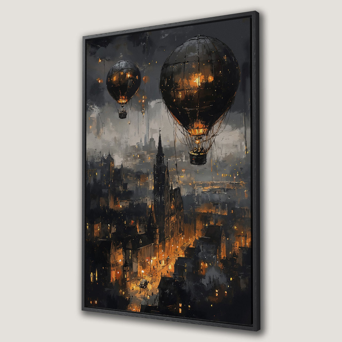 Framed Wall Art: Steampunk cityscape with hot air balloons, dark and moody color palette. Dramatic art for your home decor.