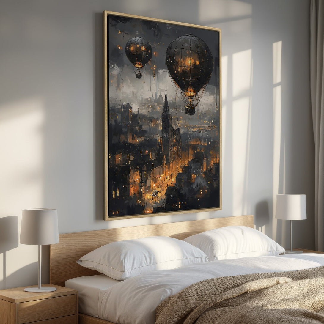 Framed Wall Art: Atmospheric cityscape Canvas Print with hot air balloons, in a moody, dark palette with warm gold accents. Perfect bedroom decor.