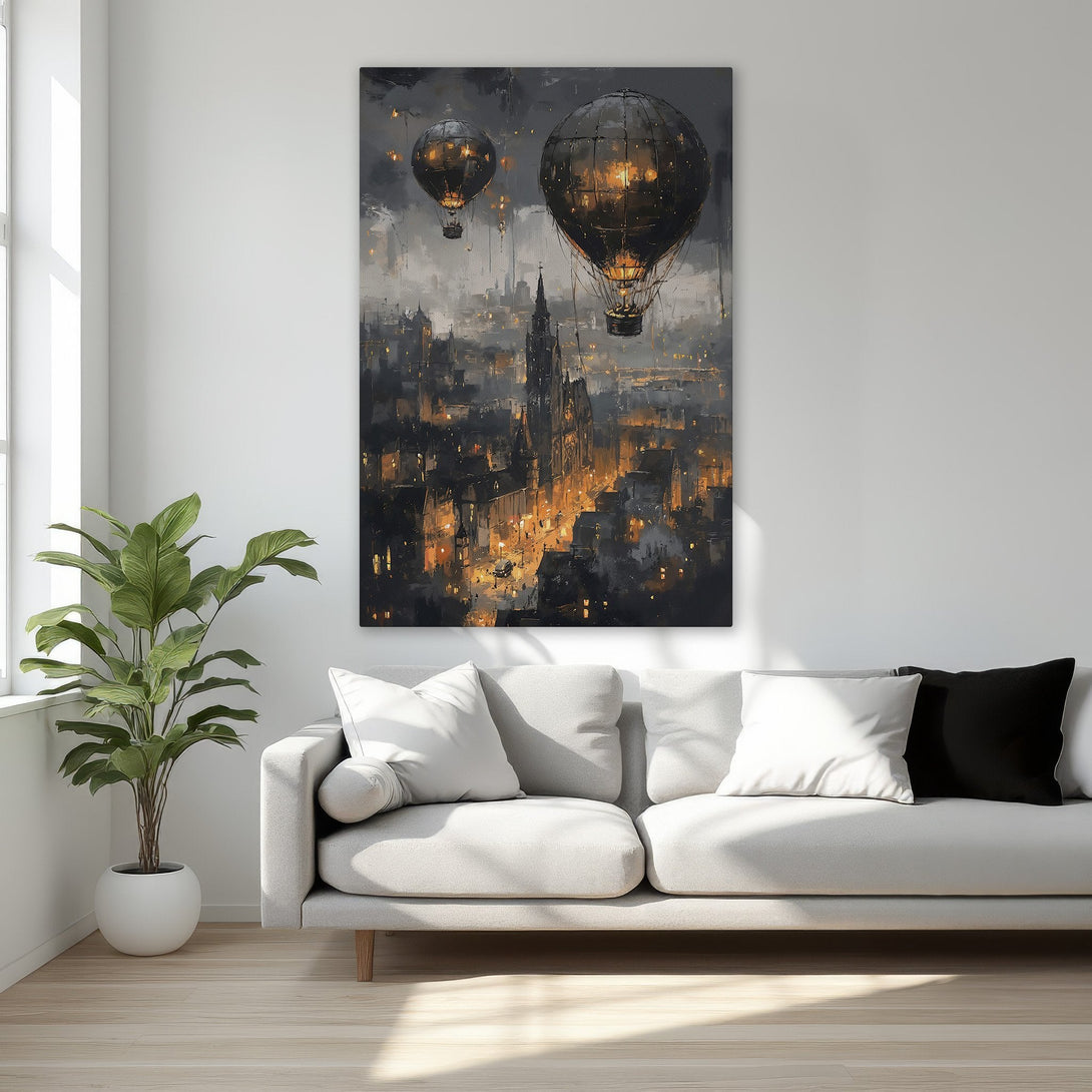 Framed Wall Art: Dramatic cityscape Canvas Print with hot air balloons, dark & gold tones. Perfect for adding a touch of elegance to your home decor.