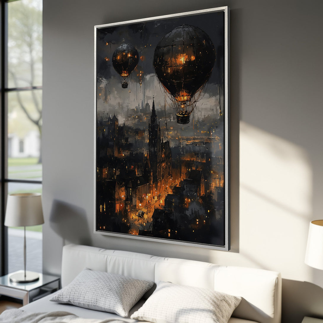 Framed Wall Art: Dramatic cityscape with hot air balloons. Dark, moody painting with warm orange and cool gray tones. Perfect for adding a touch of mystery.