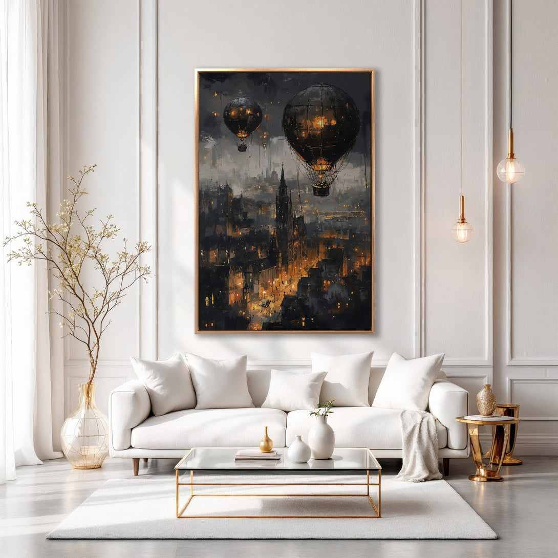 Framed Wall Art: Vintage hot air balloon painting in a modern living room. Dark, moody color palette with gold accents. Elevate your space with art!