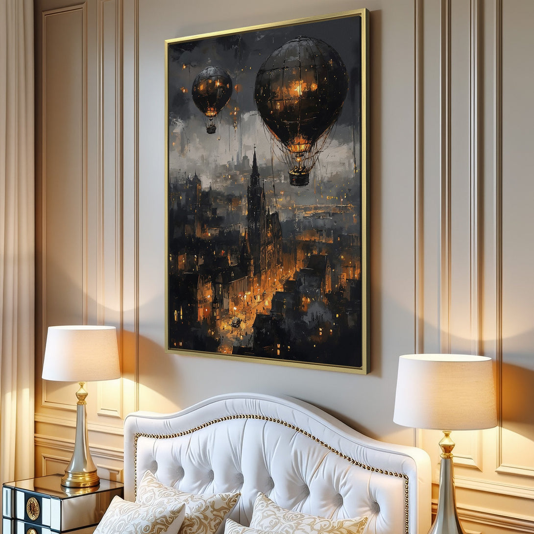 Canvas Print featuring a steampunk cityscape with hot air balloons, in a moody, warm color palette of blacks, grays, and golds.
