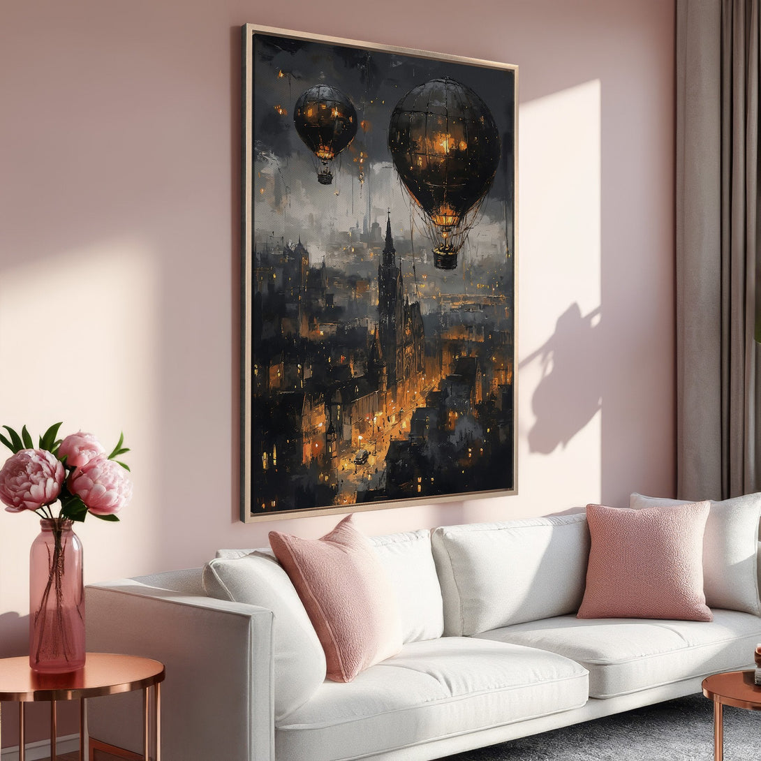 Framed Wall Art: Steampunk city canvas print with hot air balloons, dark and moody color palette. Perfect for adding a touch of vintage style to your home.