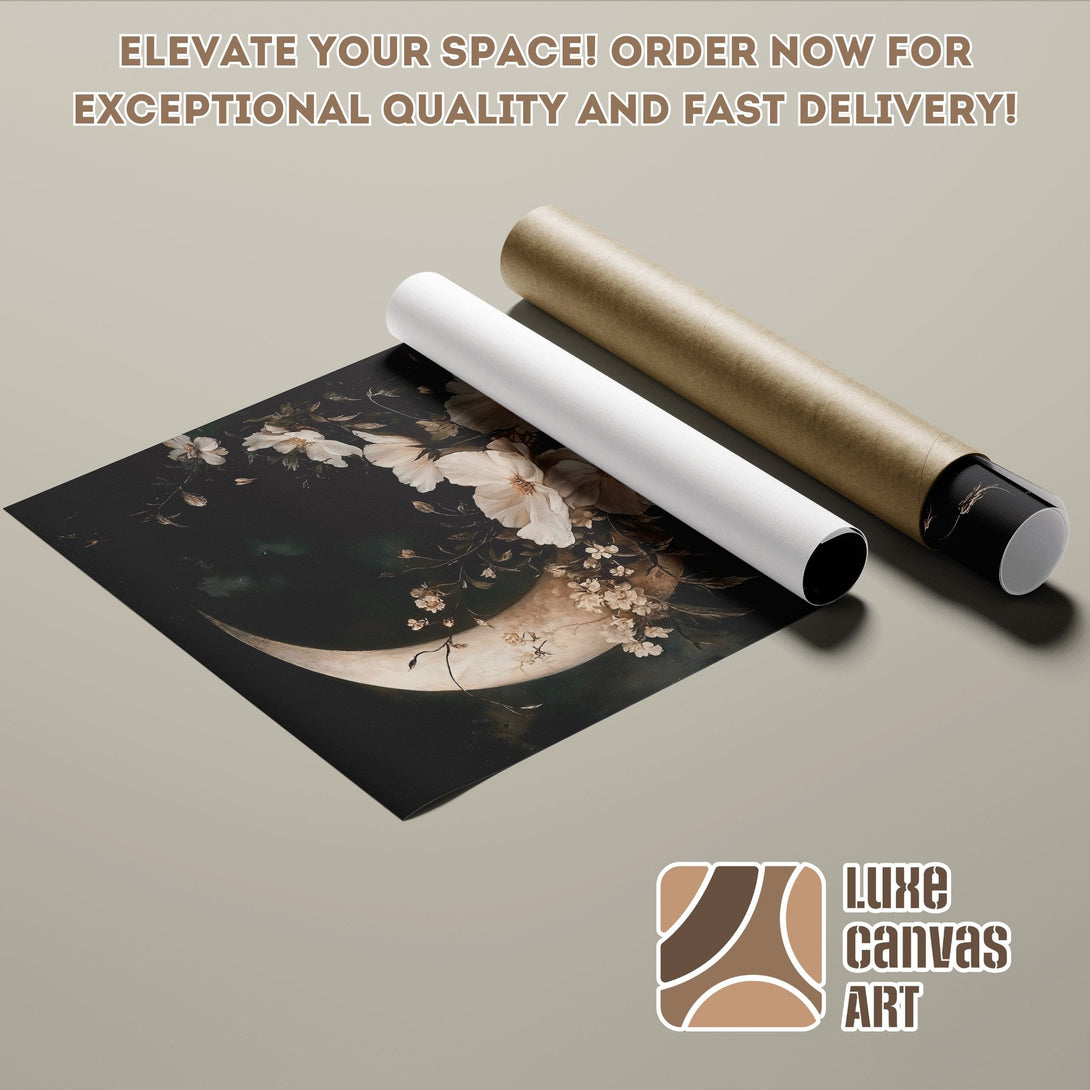 Moon and floral art Poster Roll, dark and neutral tones. Elevate your space!