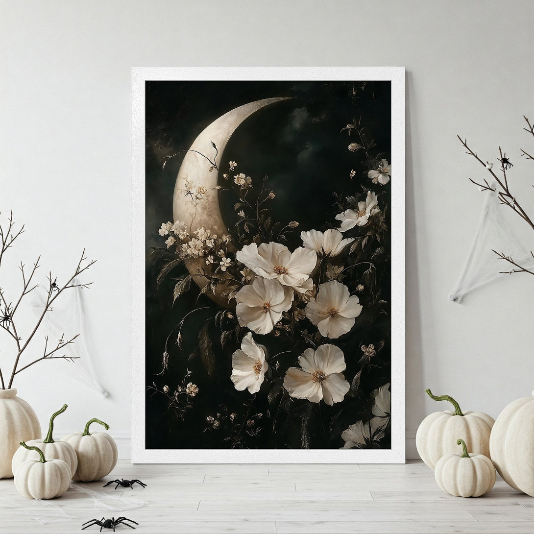 Framed Poster featuring a moon and floral design in a moody, grayscale palette. Perfect for adding a touch of gothic elegance.