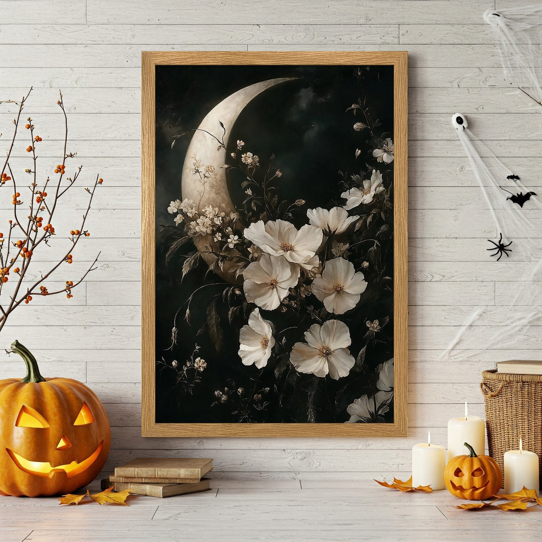 Framed Poster featuring a moon and floral design. Dark, moody style with a black and white color palette. Perfect for Halloween decor!