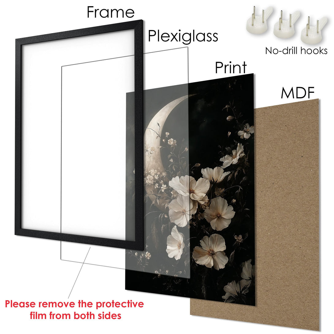 Framed Poster featuring a moon and floral design. Elegant style with a black and white color palette. Perfect wall art for your home!