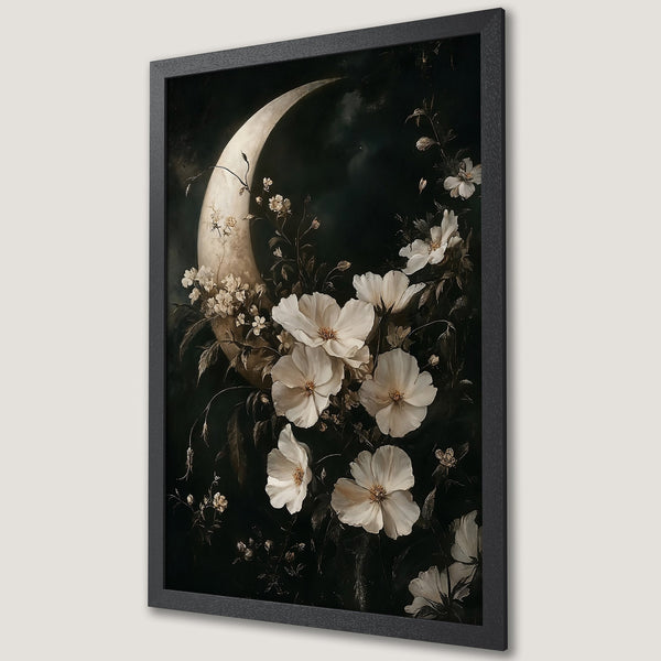 Framed Poster featuring a crescent moon and white flowers, in a dark, romantic style with a neutral color palette.