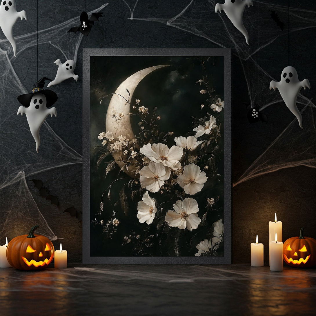 Framed Poster featuring a floral moon design in a dark, moody aesthetic with a black and white color palette, perfect for Halloween decor.