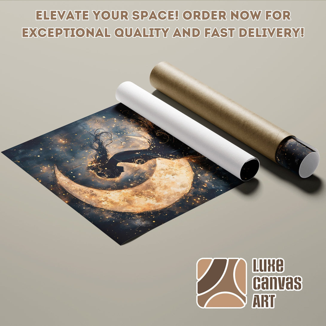 Poster Roll featuring a celestial design with dark blue and gold tones. Perfect wall art!