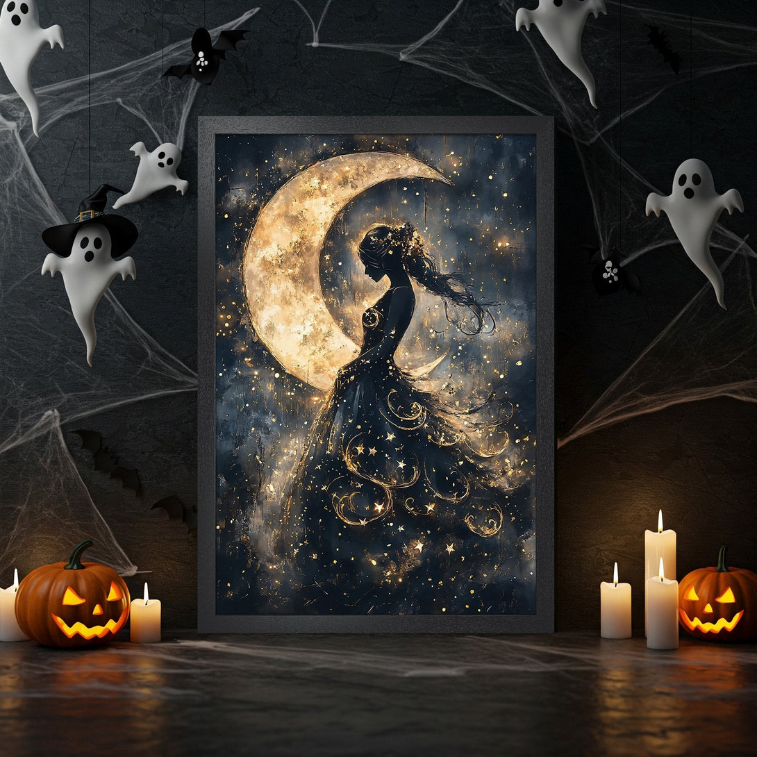 Framed Poster: Silhouette woman on moon art, dark & gold palette, perfect Halloween decor. Add a touch of spooky elegance!