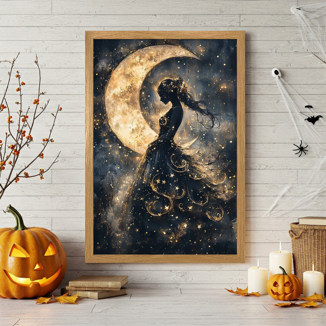 Framed Poster: Silhouette of woman with moon, starry night art, dark blue & gold palette, perfect for Halloween decor.