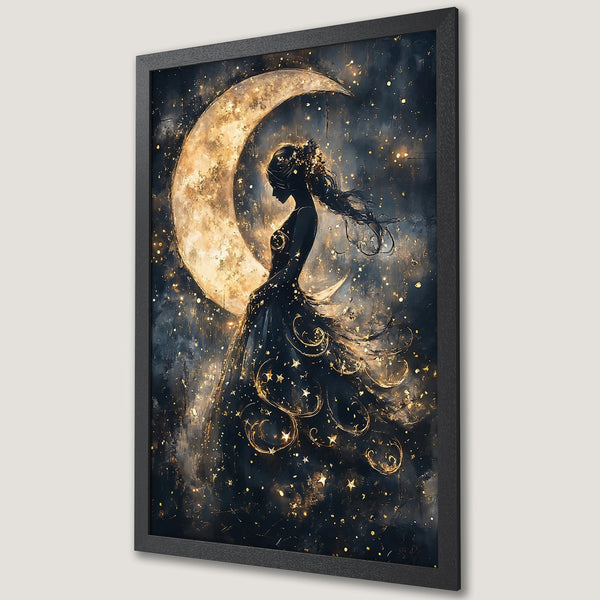 Framed Poster featuring a silhouette woman and moon, in a dreamy style with a dark blue and gold color palette. Perfect wall art!