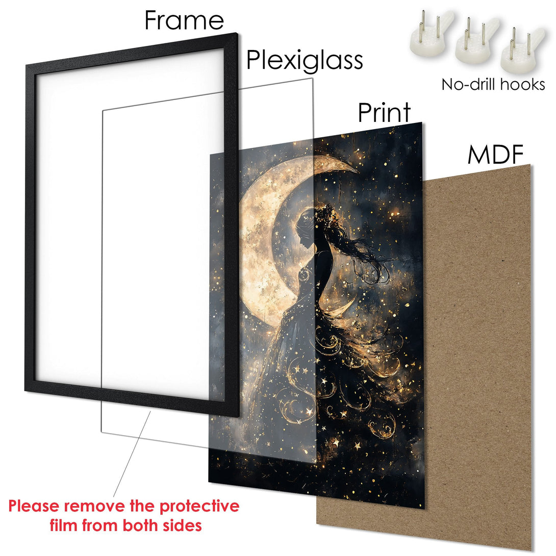 Framed Poster featuring a celestial woman in a dark, gold-toned art style. Perfect wall decor for a touch of magic!