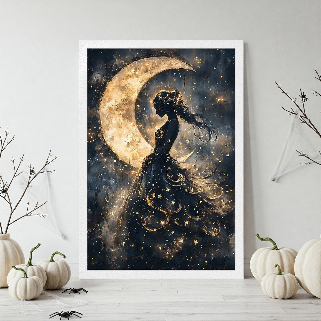 Framed Poster featuring a celestial woman in a dark dress against a moon, with gold and navy tones. Perfect wall art!
