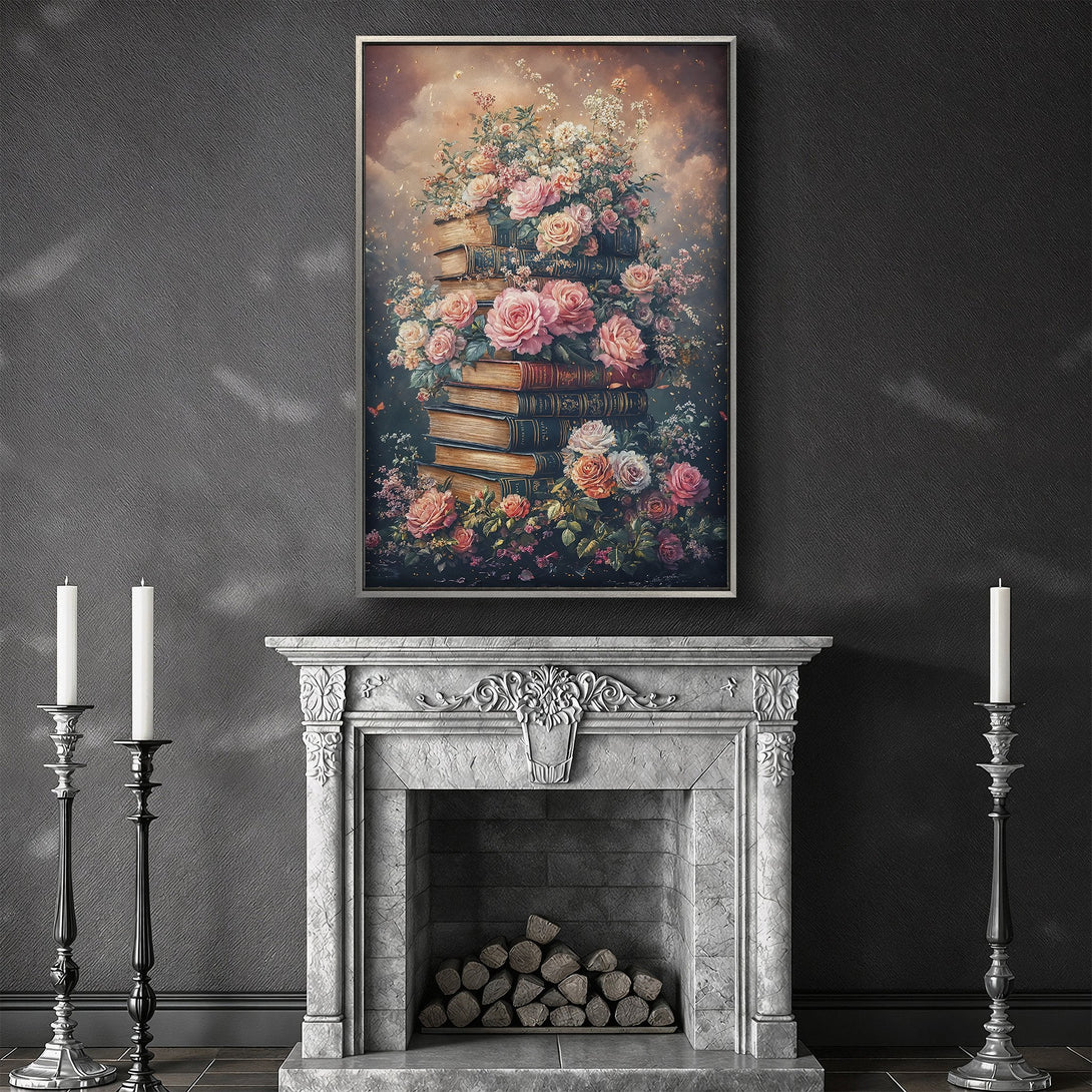 Framed Wall Art featuring a floral still life with roses and books. Romantic style, warm color palette of pinks, golds, and greens. Perfect for home decor.