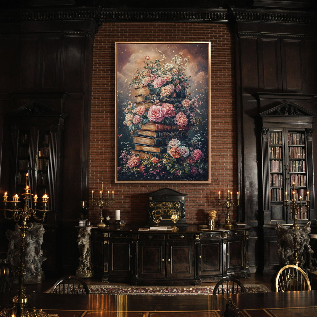 Framed Wall Art featuring a floral still life on books, with a romantic, vintage style and a warm, earthy color palette. Perfect for adding elegance.