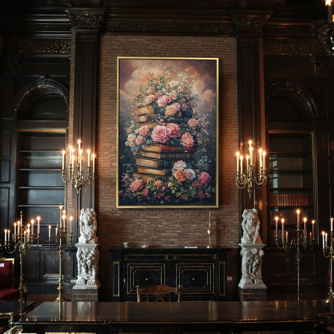 Canvas Print of floral art with pink roses on books, dark moody style, warm color palette. Perfect wall decor.