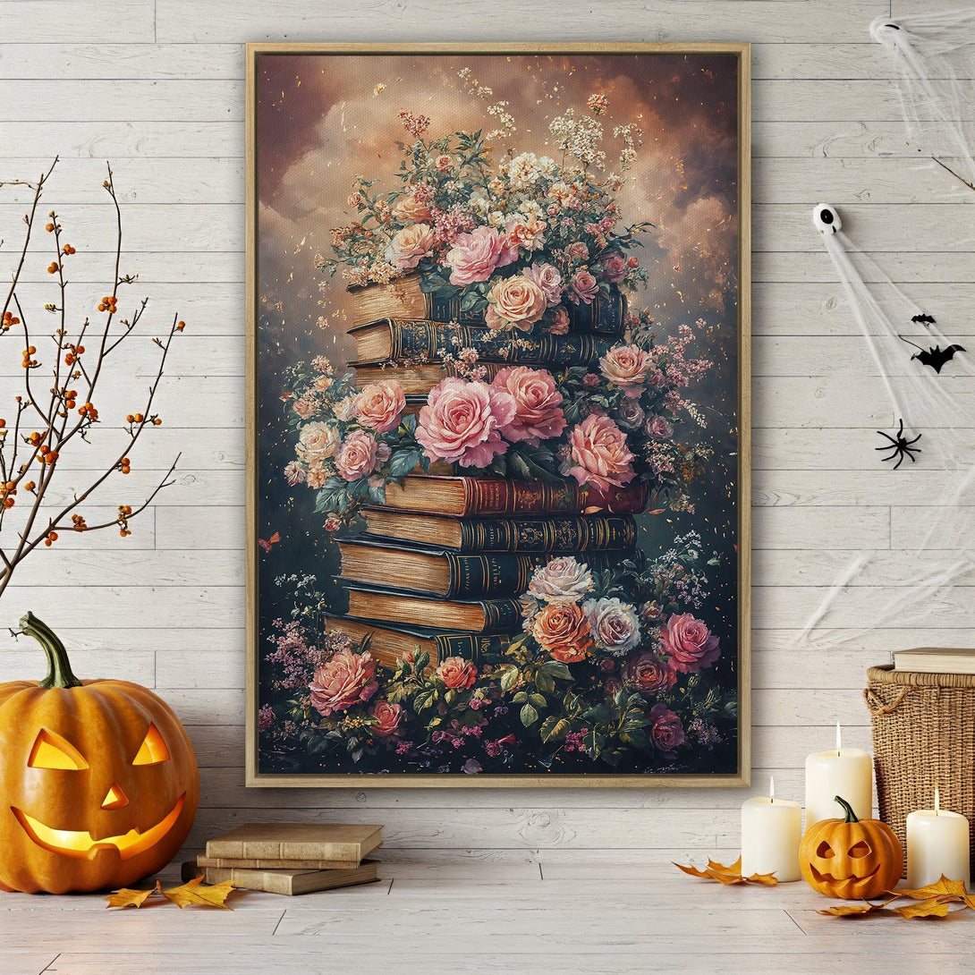 Framed Wall Art featuring a romantic floral arrangement atop vintage books. Soft pink and cream roses with a dark, moody background. Perfect for fall decor!