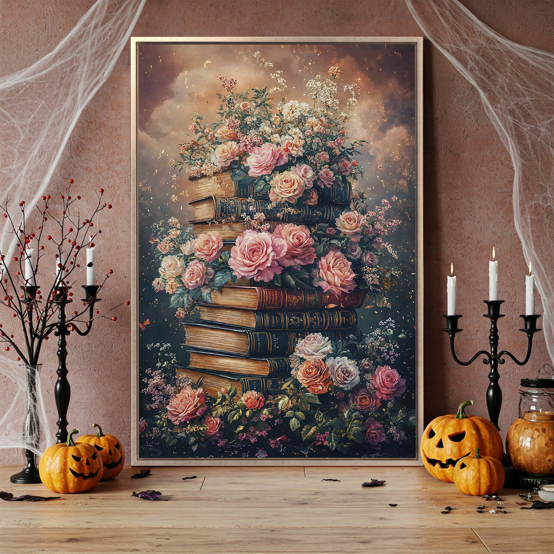 Framed Wall Art: Vintage floral print with roses & books in a moody, romantic style. Earthy tones with pops of pink and gold. Perfect Halloween decor!