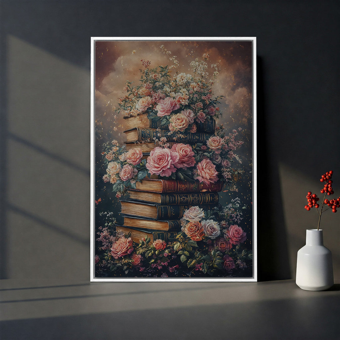 Framed Wall Art featuring a romantic floral and book still life. Soft pink and cream roses pop against a dark, moody background. Perfect for adding elegance.
