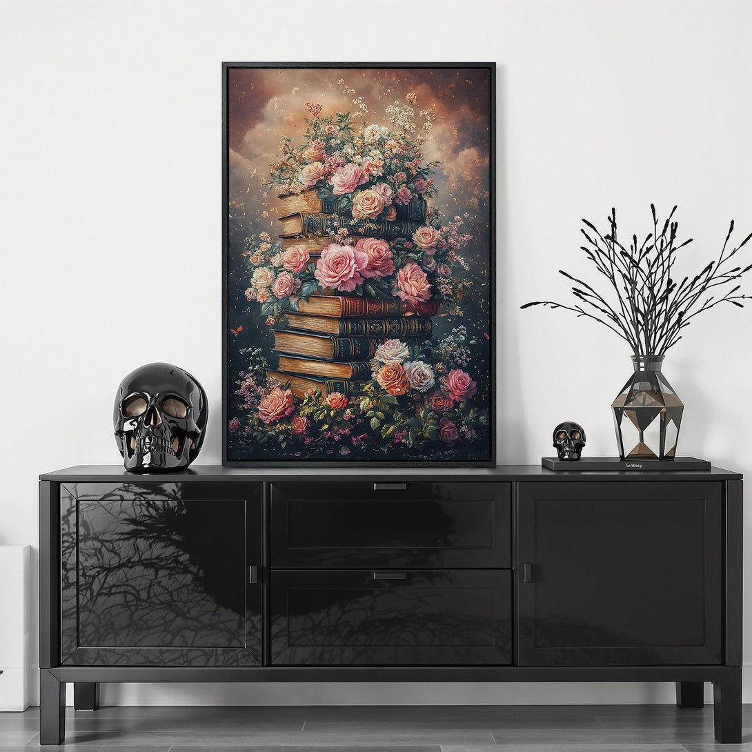 Framed Wall Art featuring a floral fantasy scene with roses and books in a soft, warm color palette. Perfect for adding a touch of elegance to any space.