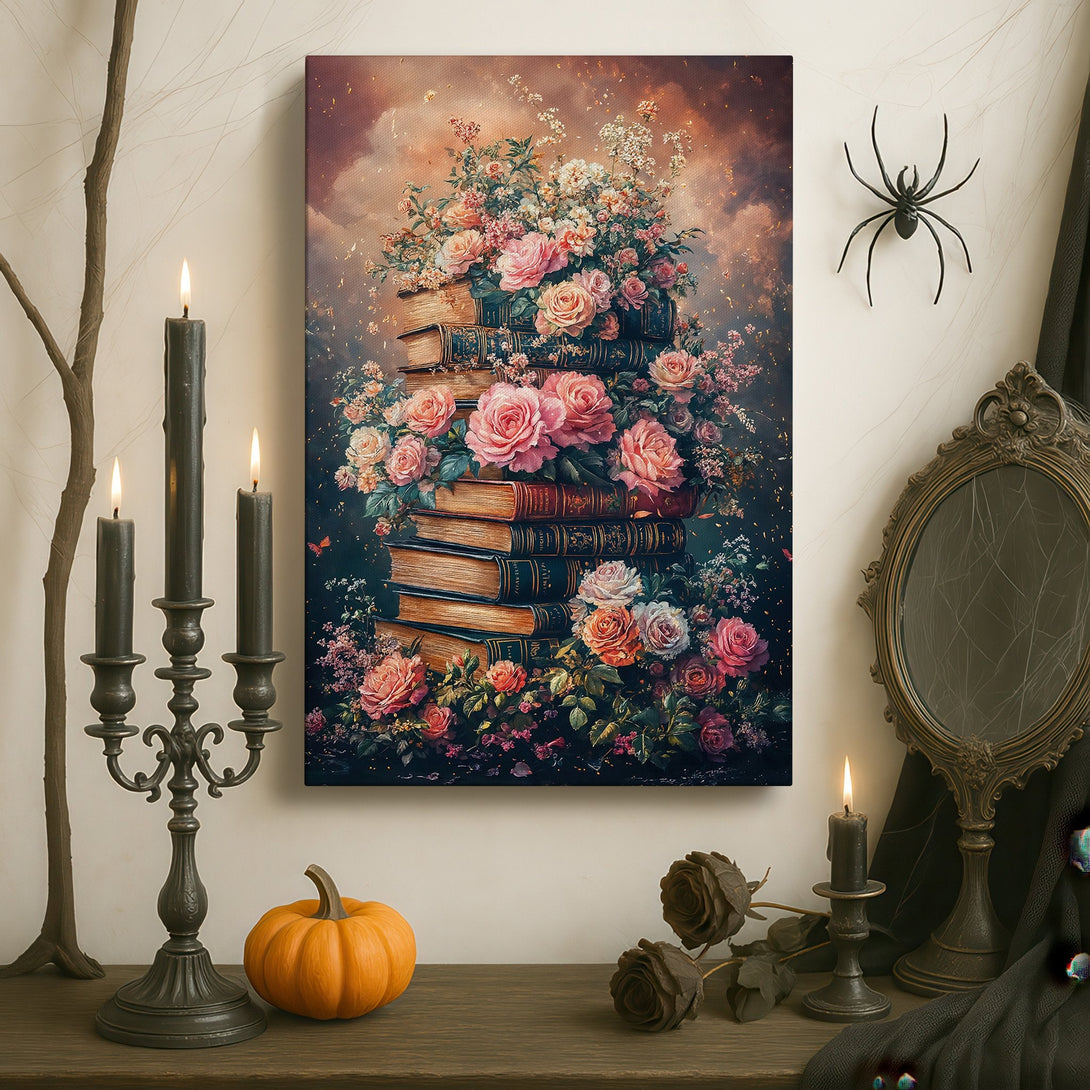 Framed Wall Art featuring a floral still life with roses and books, displayed in a luxurious interior with a warm, romantic color palette.