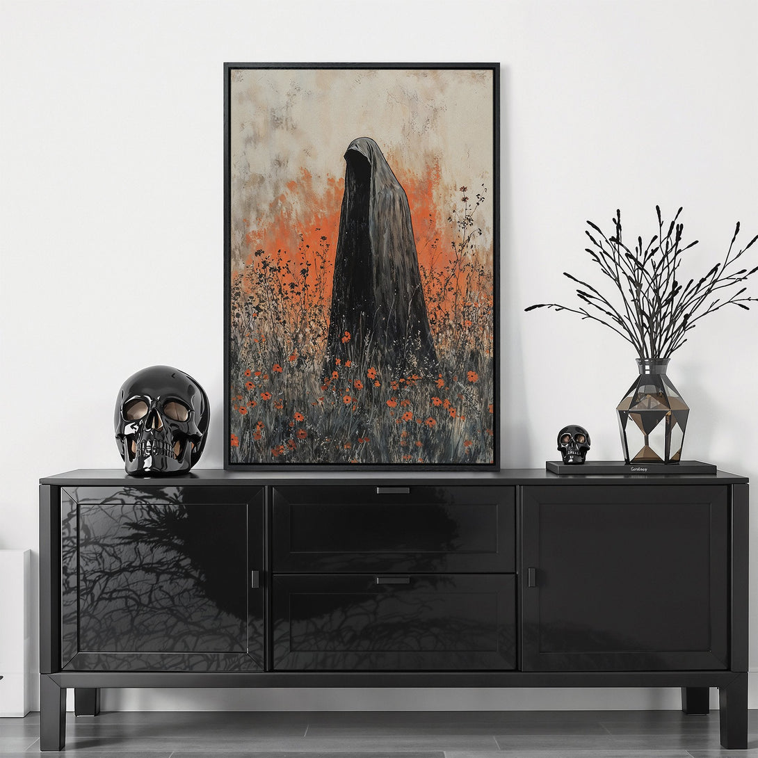 Framed Wall Art: Abstract painting of a hooded figure in a field. Moody, modern style with a dark, orange, and gray color palette. Perfect for gothic decor.