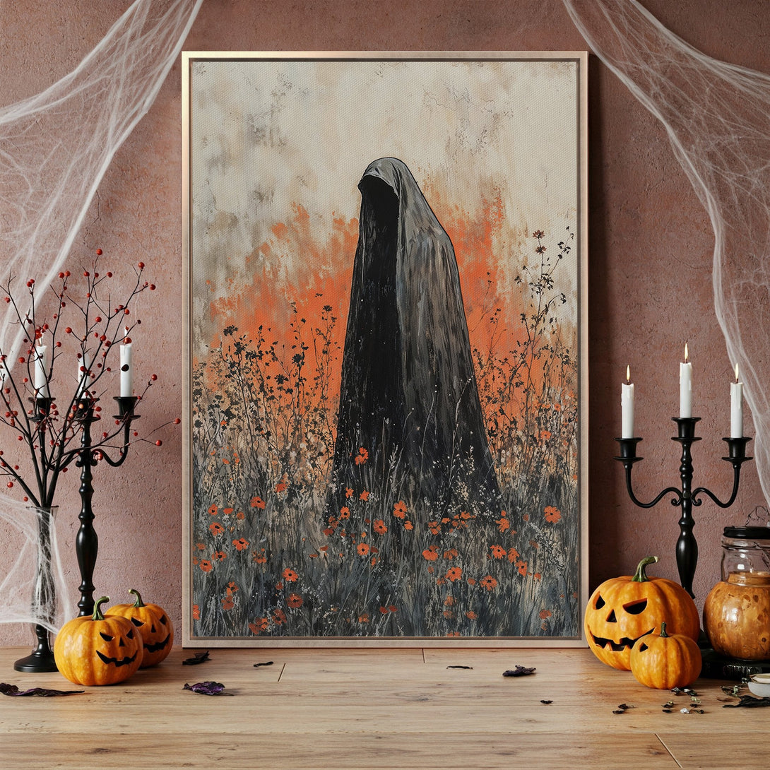 Framed Wall Art featuring a mysterious figure in black, set against an orange and gray floral background. Perfect for Halloween decor.