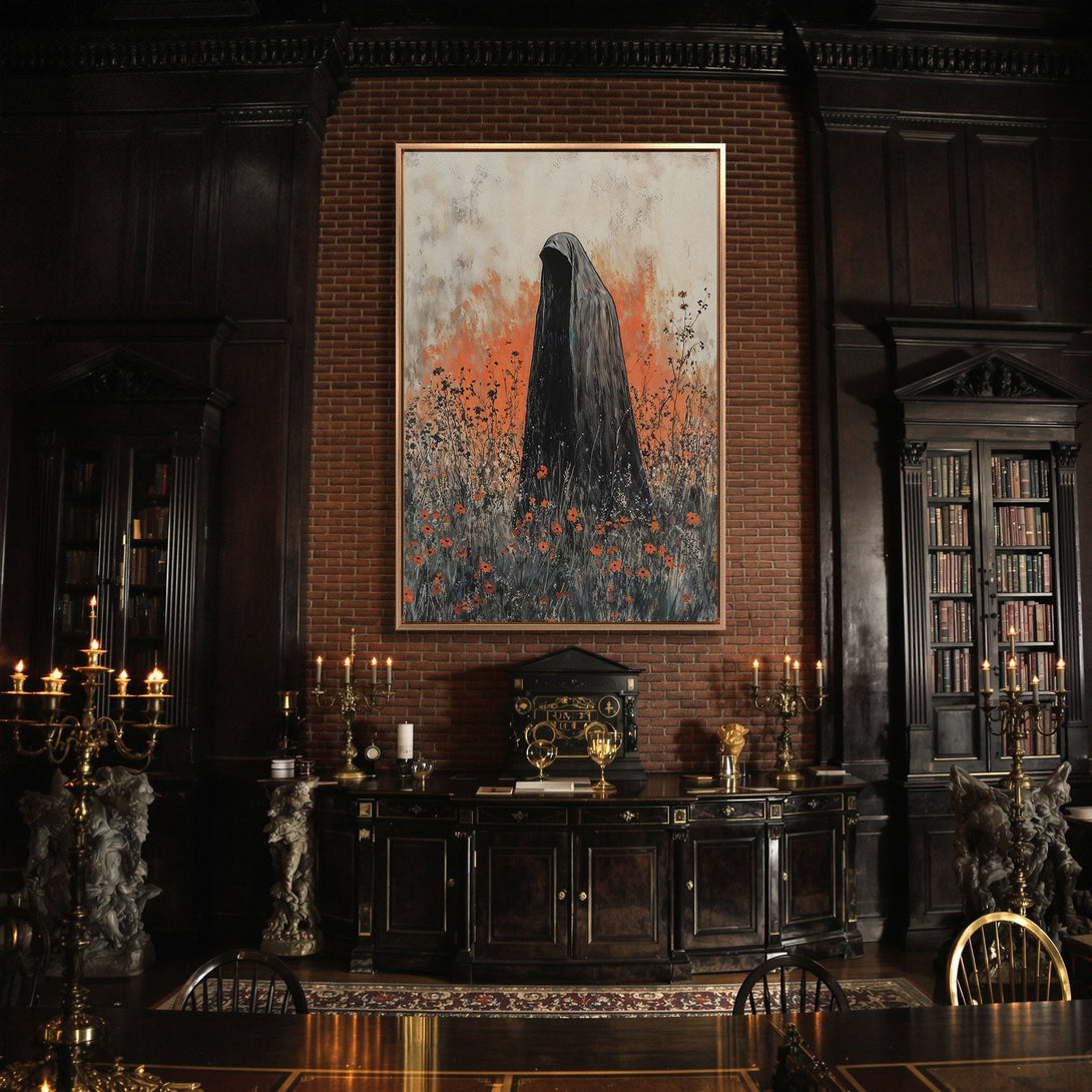 Framed Wall Art featuring a mysterious figure in black, set against an orange and gray abstract background. Adds a gothic, artistic touch to any space.