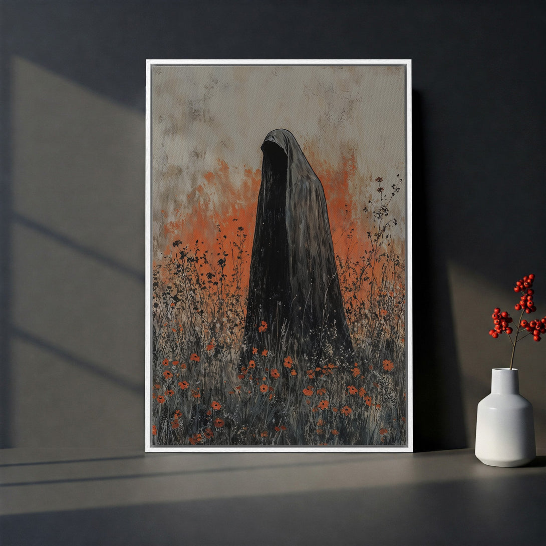 Framed Wall Art: Abstract figure in black cloak, orange and grey floral field. Moody art print for modern interiors. Shop Canvas Prints today!