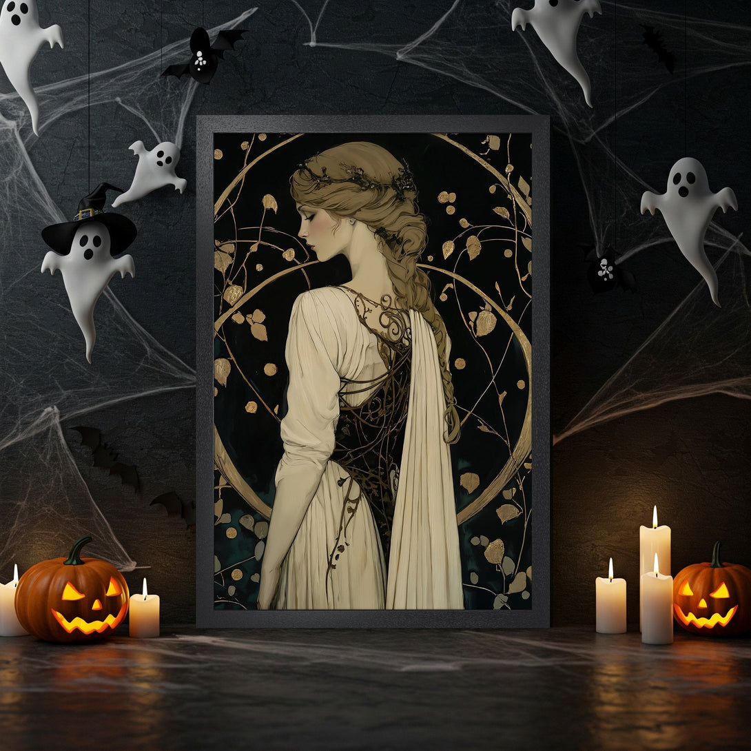 Framed Poster featuring a woman in a vintage style, with a dark green and gold color palette. Perfect Halloween decor.