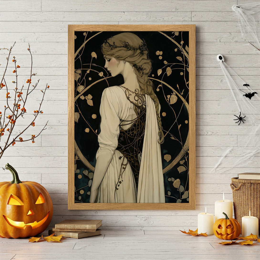 Framed Poster featuring a woman in a flowing dress, Art Nouveau style, with a black, gold, and cream color palette. Perfect Halloween decor!