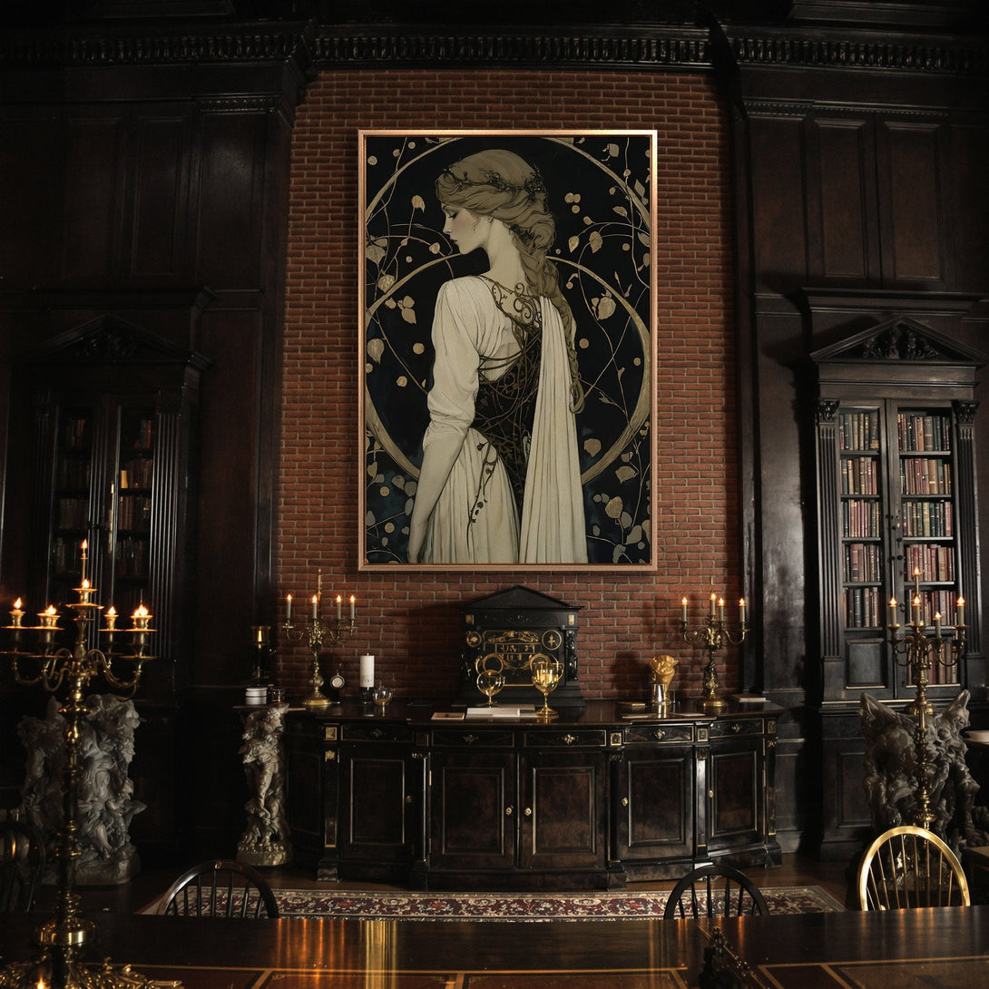 Framed Wall Art featuring a woman in Art Nouveau style, set in a dark, luxurious interior. Color palette: black, gold, and cream. Enhance your space!