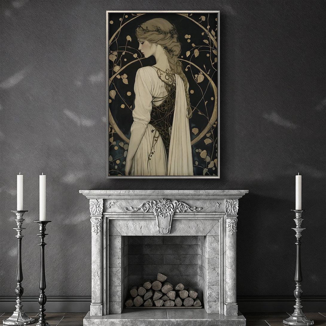 Framed Wall Art featuring a woman in Art Nouveau style, with gold and black accents. Perfect for adding elegance to any space.