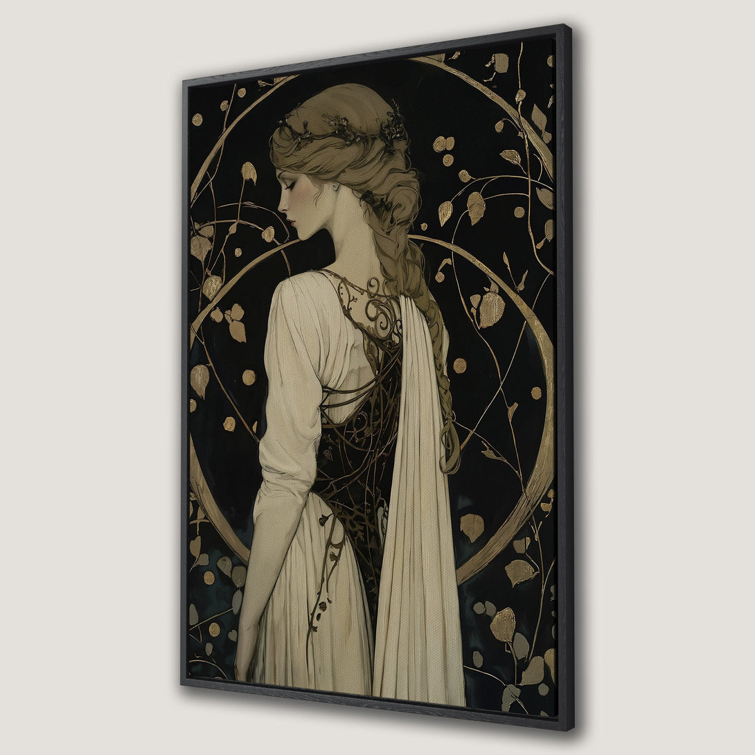 Framed Wall Art featuring a classical woman in a flowing gown, Art Nouveau style, with a black, gold, and cream color palette, perfect for elegant decor.