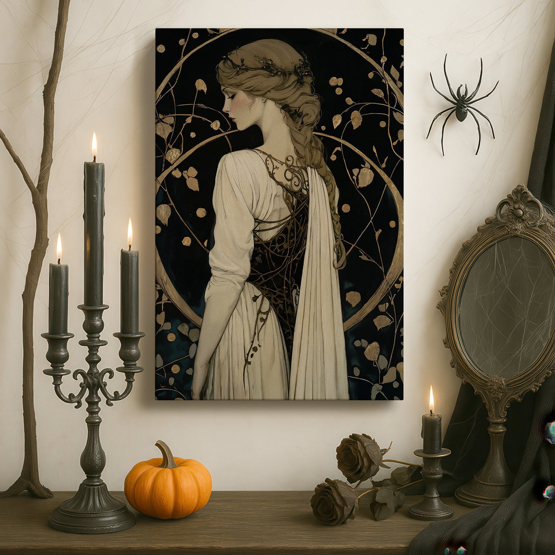 Framed Wall Art featuring a woman in a classic art style, displayed in a luxurious interior. Black, gold, and cream color palette. Enhance your space!