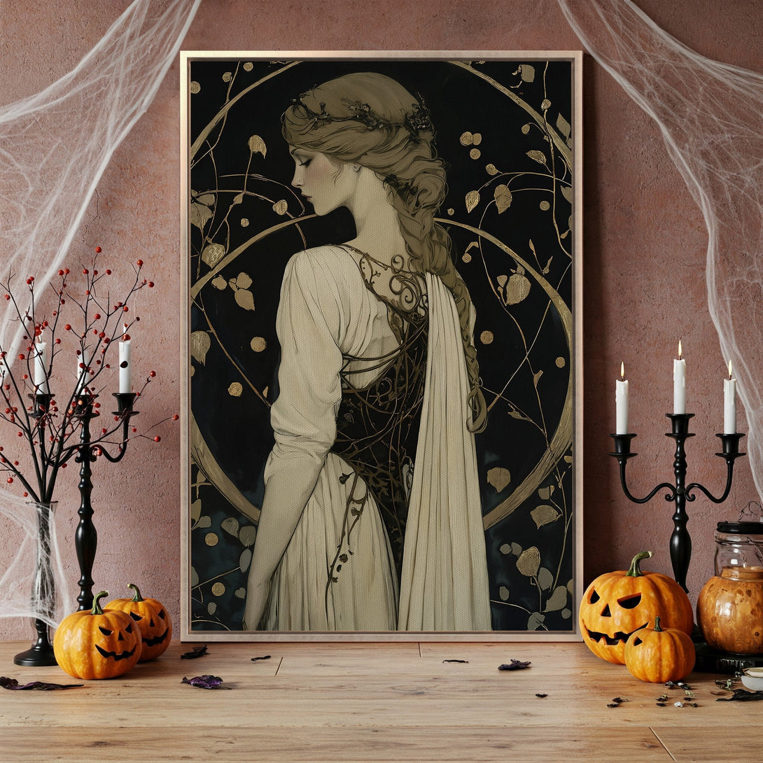 Framed Wall Art featuring a woman in a vintage style, with a dark, gold, and cream color palette. Perfect for Halloween decor!