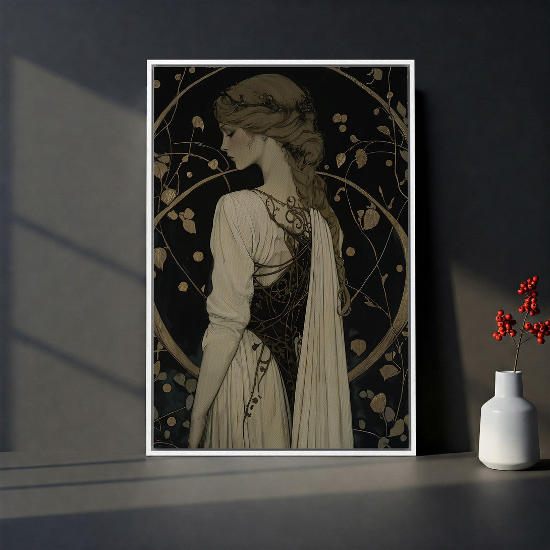 Framed Wall Art featuring a woman in an Art Nouveau style, with a black, gold, and cream color palette. Perfect for adding elegance to any room.