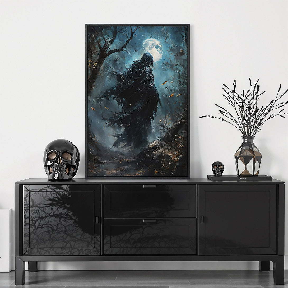 Framed Wall Art: Abstract portrait canvas print in a dark, moody style. Featuring a woman with a black, gold, and white color palette. Elevate your space!