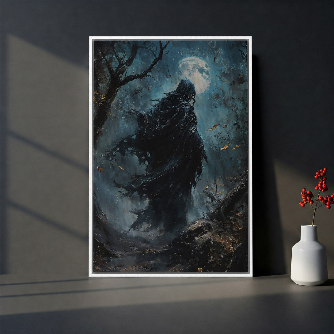 Framed Wall Art featuring an abstract portrait of a woman with a dark, moody color palette. Add a touch of elegance to your space with this canvas print.