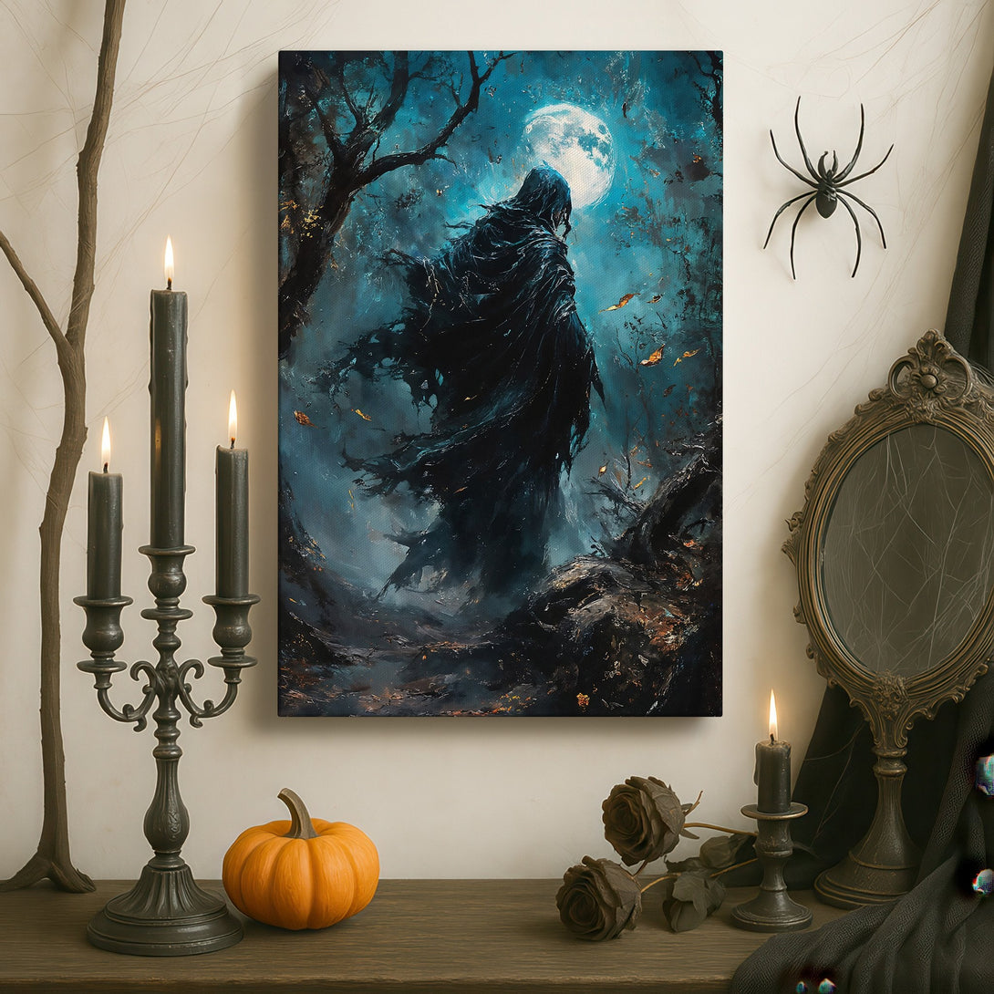 Framed Wall Art: Dramatic portrait canvas print in a dark, moody style. Features a woman with a black and gold color palette, perfect for luxury interiors.