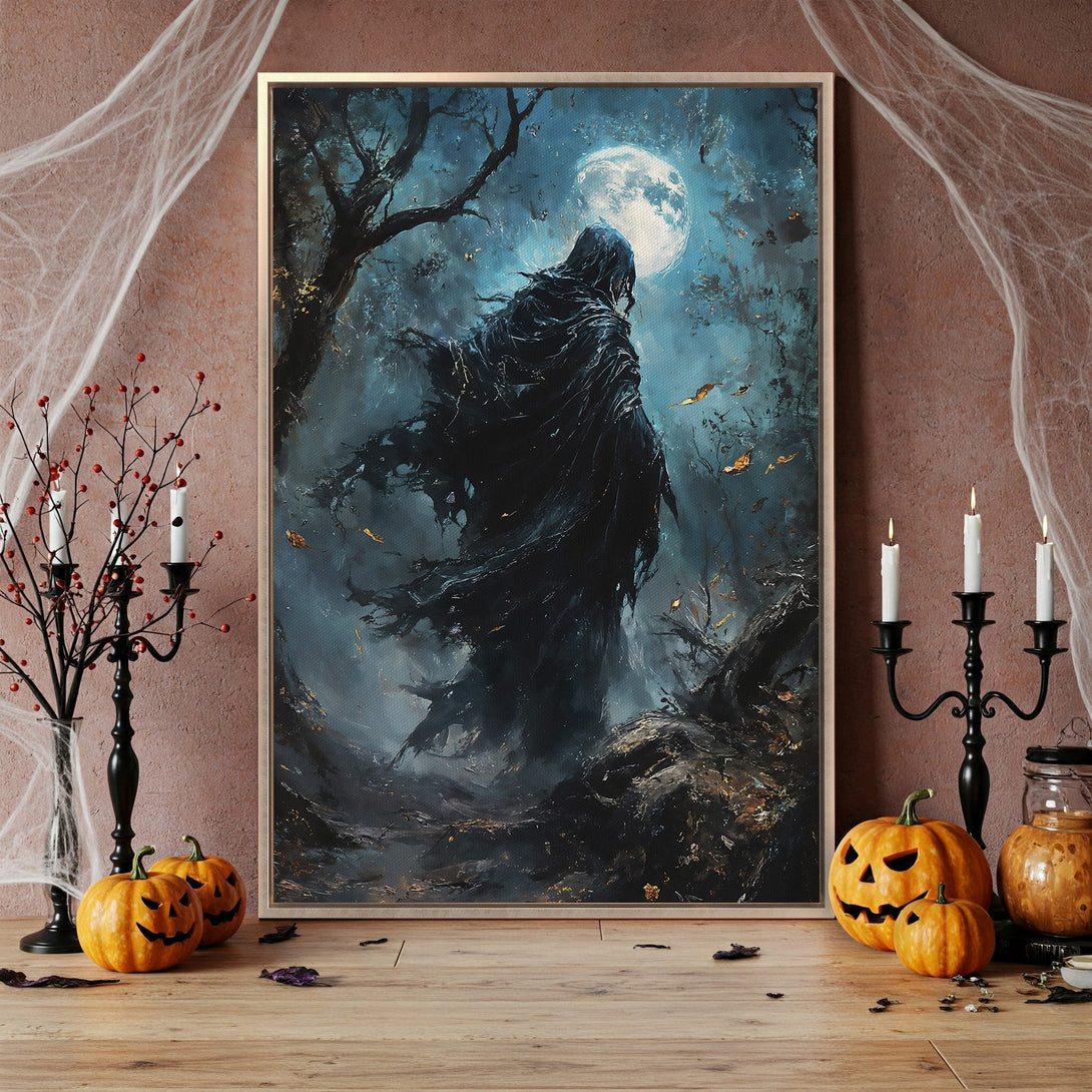 Framed Wall Art featuring an abstract portrait in a moody, dark color palette. Perfect for adding a touch of gothic elegance to your space.