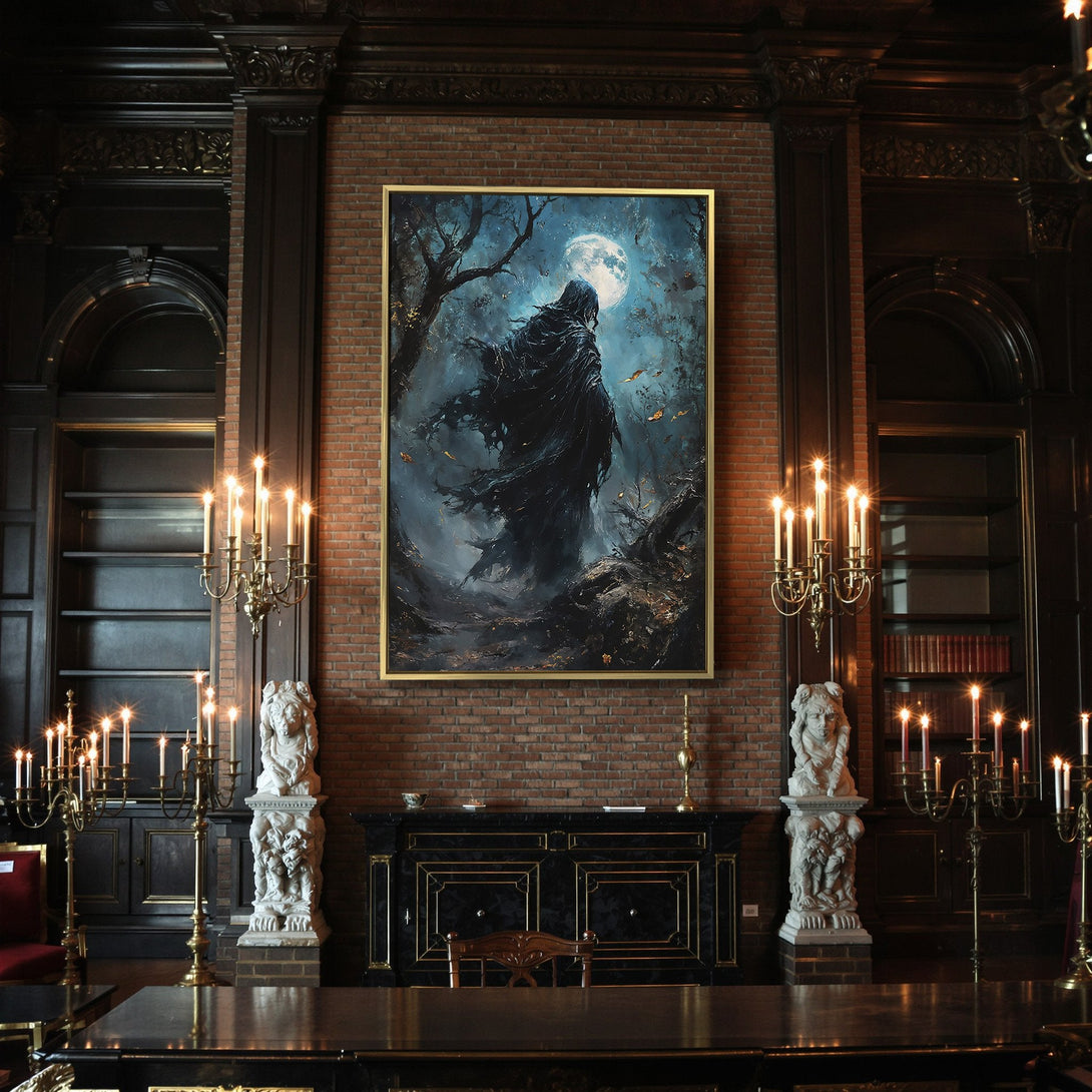 Canvas Print of woman with flowing hair, dark and moody art. Black, gold, and white color palette, perfect for Halloween decor.