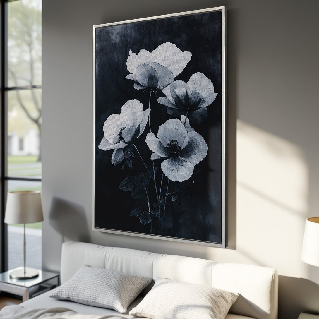 Framed Wall Art featuring elegant black and white floral art. Modern Canvas Print in a bedroom setting. Perfect for adding a touch of sophistication.