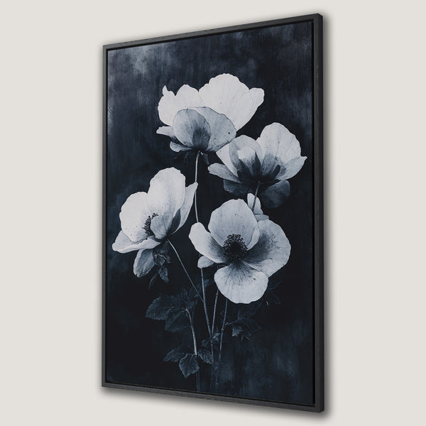Framed Wall Art: Elegant black and white floral print. Modern canvas print features delicate flower art with a moody, monochromatic color palette, perfect for any space.