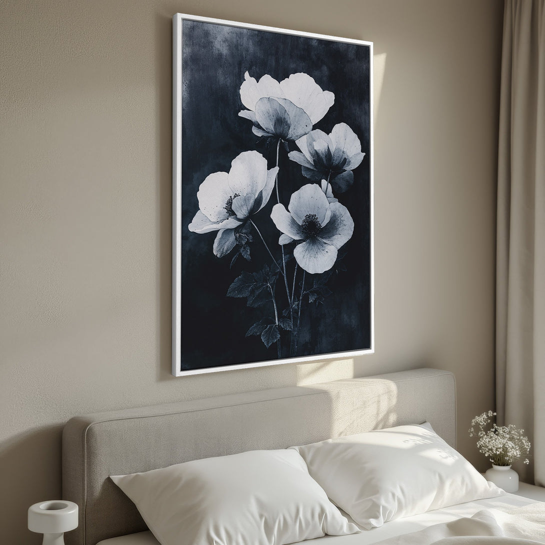 Framed Wall Art featuring elegant monochrome floral art. Modern Canvas Print in a bedroom setting, perfect for adding a touch of sophistication.