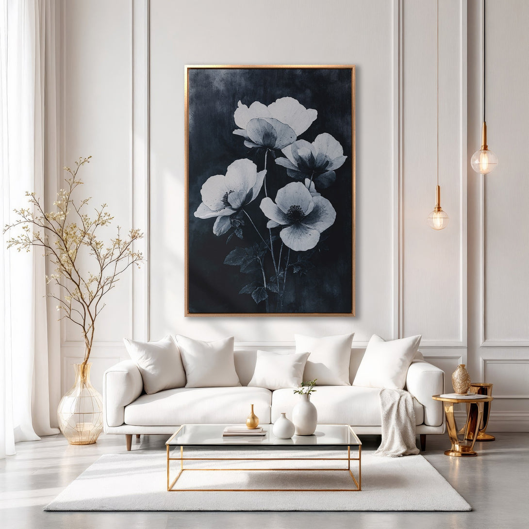 Framed Wall Art featuring elegant black and white floral print, displayed in a modern, minimalist interior with gold accents. Elevate your space!