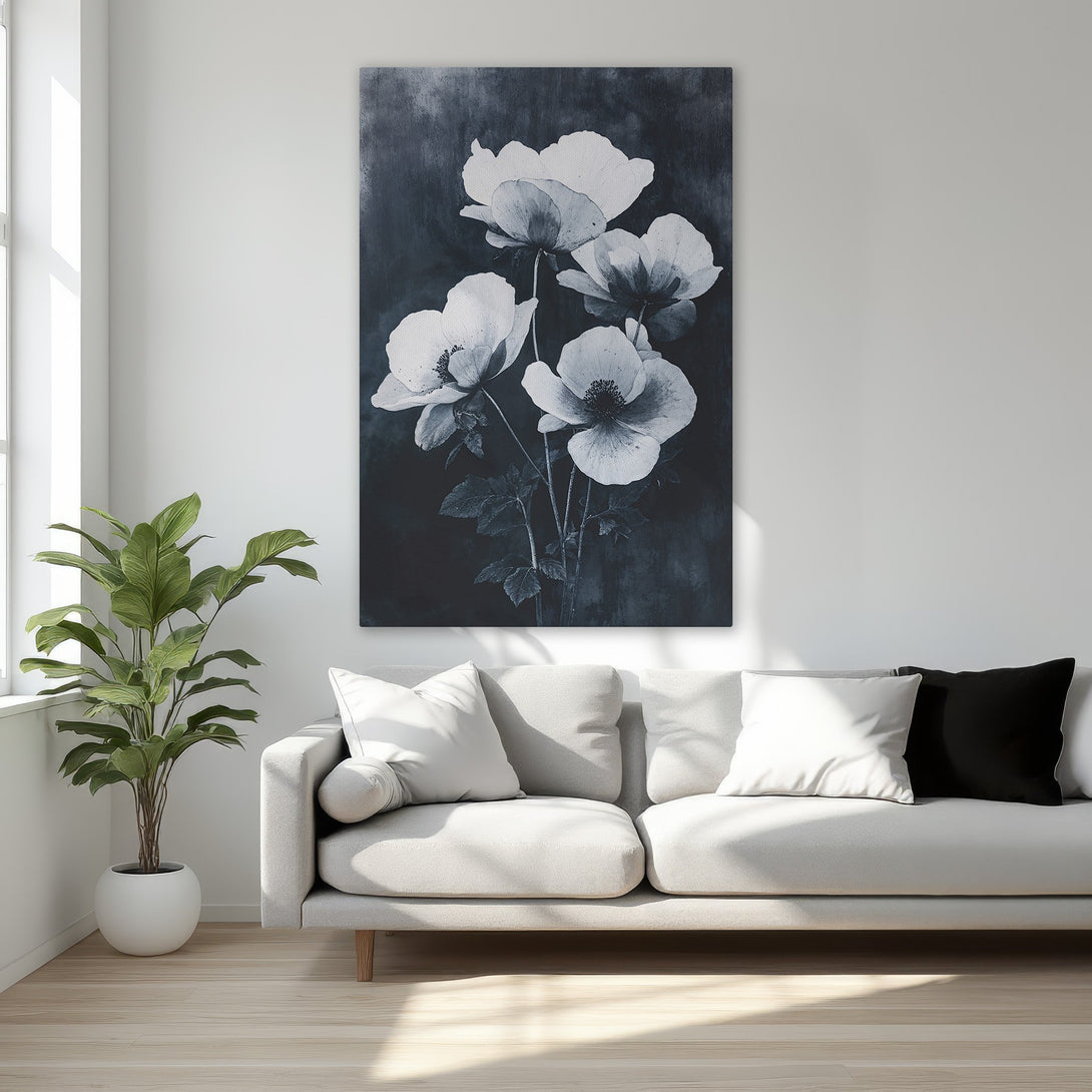 Framed Wall Art featuring elegant monochrome floral print. Adds a touch of sophistication with its black, white, and gold color palette. Perfect for bedroom decor.