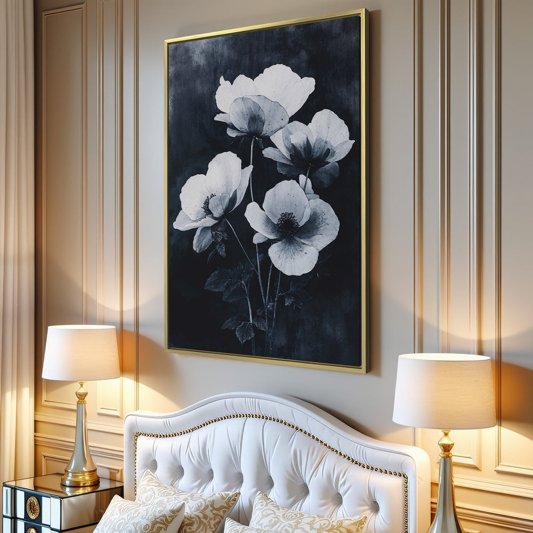 Canvas Print of elegant monochrome floral art, perfect for modern home decor. Features a dark background and white flowers.